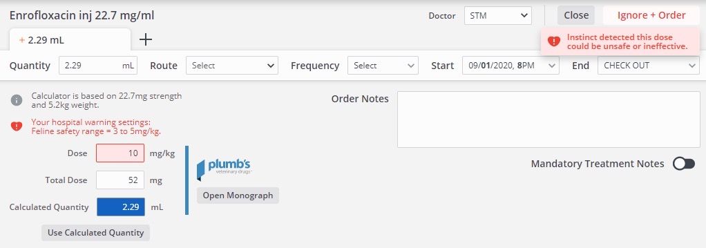 Screenshot showing warning that an unsafe or ineffective dose has been entered in the treatment sheet in Instinct.