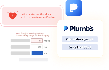 Instinct EMR example of built in Plumbs Integrations for veterinary Clinical Guidance and Safety Alerts.