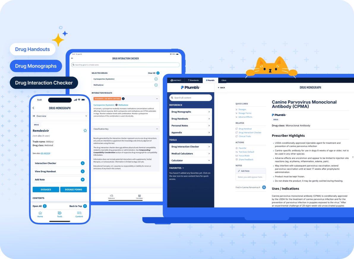Plumb's veterinary drug reference interface showing drug monographs, dosing guidance, and prescribing information for animal patients